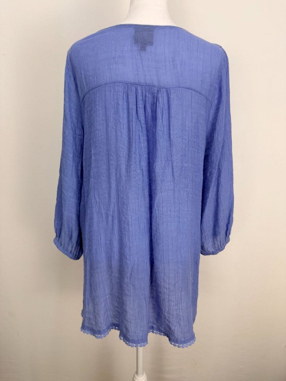 Bobeau Womens Blue Gauze Boho Tunic Top Medium Tassel Tie 3/4 Sleeve - Picture 3 of 13